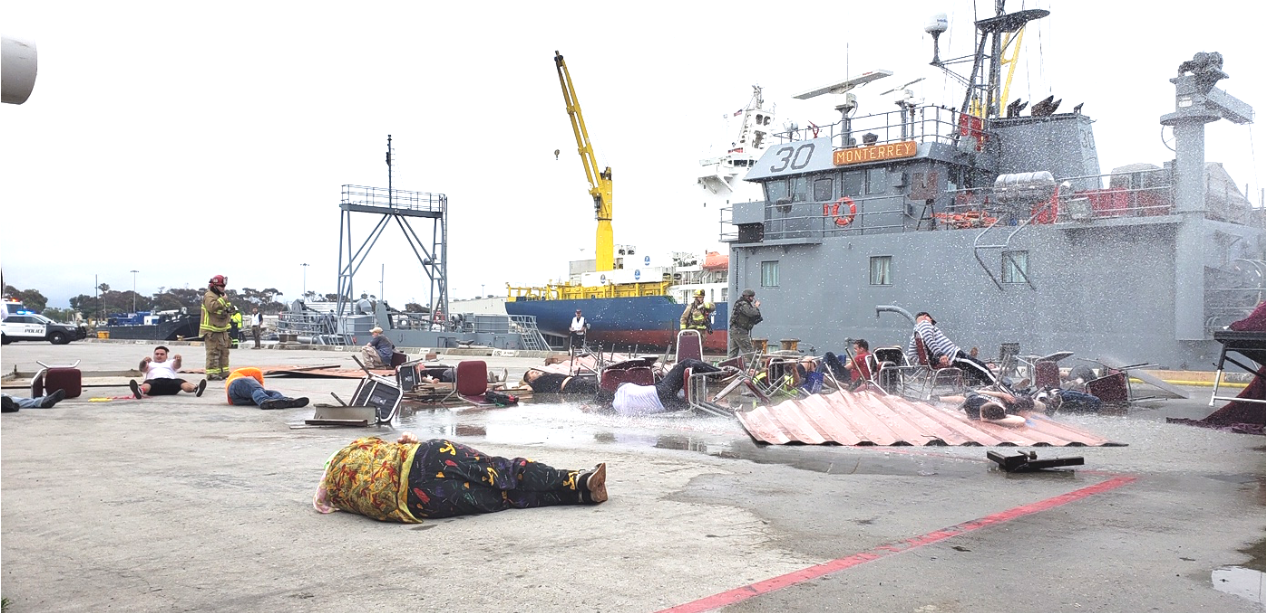 The scene of the simulated emergency taking place on Wharf 2 of the Port, including mock victims