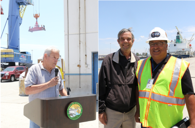 Oxnard City Councilmember Bert Perello references the partnership of the City and the Port for job creation; Tony Skinner of Tri Counties Building and Construction Trades Council and Andy Castillo of LiUNA! attend the groundbreaking ceremony
