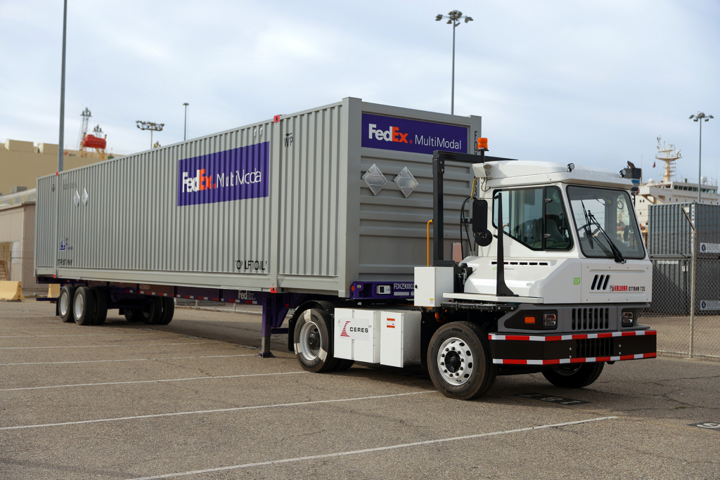 A FedEx container sits atop a Ceres all-electric UTR (cargo handling truck).