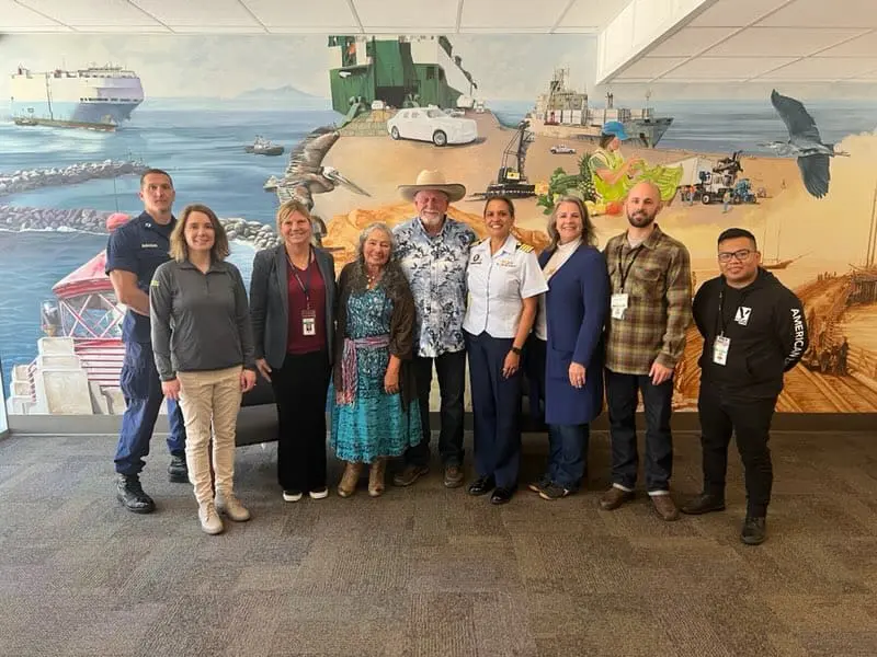 Sean McGaughan, US Coast Guard; Dona Lacayo, Chief Commercial & Public Affairs Officer; Kristin Decas, CEO & Port Director, Port of Hueneme; Frankee Fullilove; Captain Mike Fullilove, Brusco; Rebecca Ore, Captain of the Port and Commanding Officer at US Coast Guard Sector Los Angeles-Long Beach; President Mary Anne Rooney, Oxnard Harbor Commission; Mike Morrison, Operations Manager, Port of Hueneme; Rodrigo Zaragoza, Operations Intern, Port of Hueneme