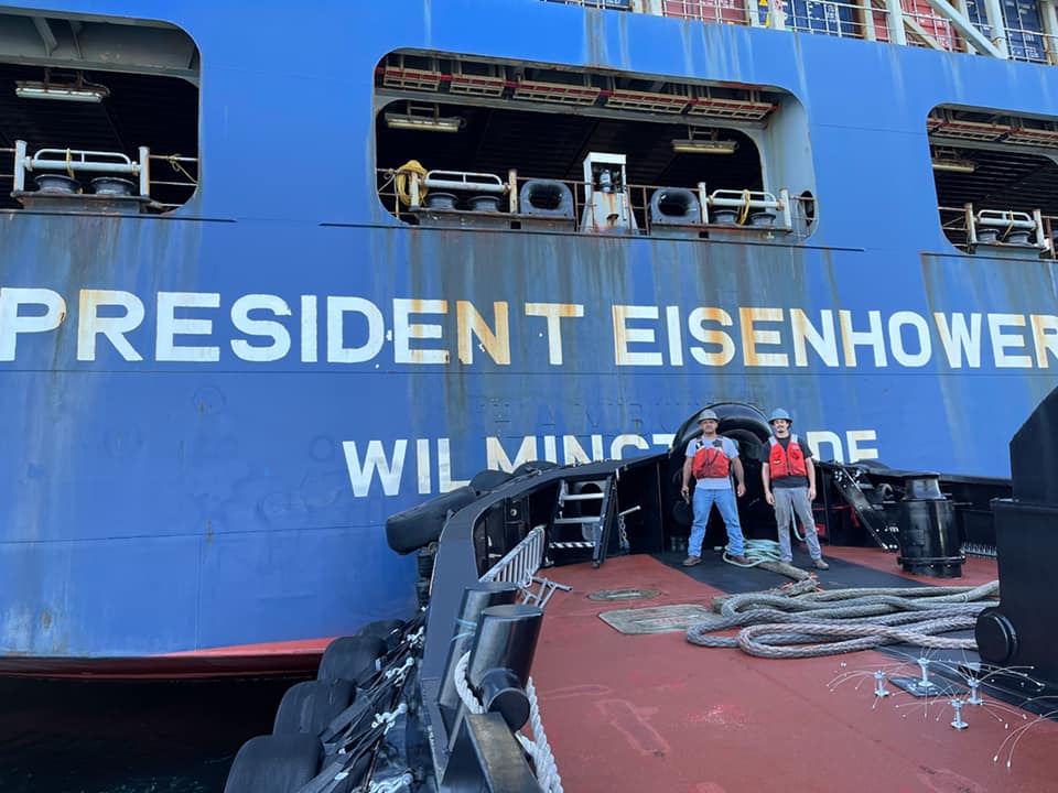 Brusco crewmembers Jason Diaz and Justin Donick with the M/V President Eisenhower in August 2021