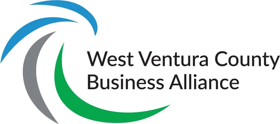 Logo of the West Ventura County Business Alliance featuring blue, gray, and green curved lines forming a circular pattern to the left of the organization's name, symbolizing their commitment to community.
