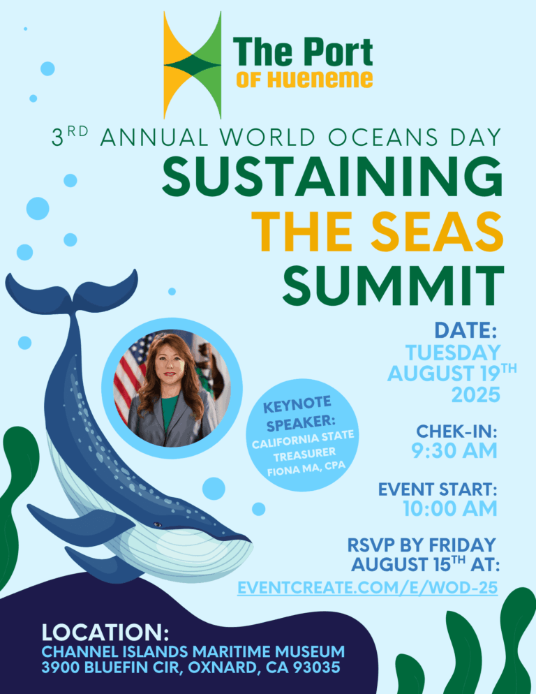 Event flyer for the Sustaining the Seas Summit on August 19, 2025, at Channel Islands Maritime Museum, featuring a whale illustration and event details.