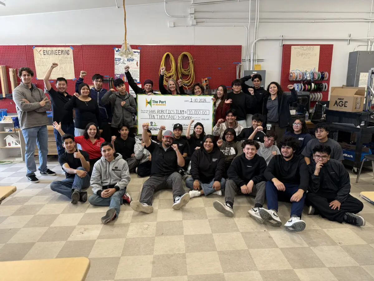 The Port of Hueneme presents a $10,000 sponsorship check to Hueneme  High School’s Thunder Vikes Robotics Team