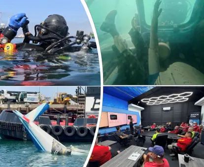 Navigating a sunken aircraft fuselage collage of photos including in-class training